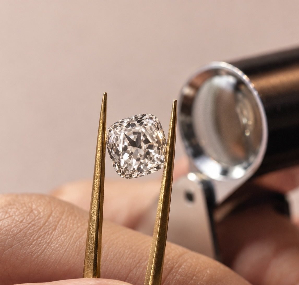 A cushion-cut lab-grown diamond held in tweezers in front of a loupe