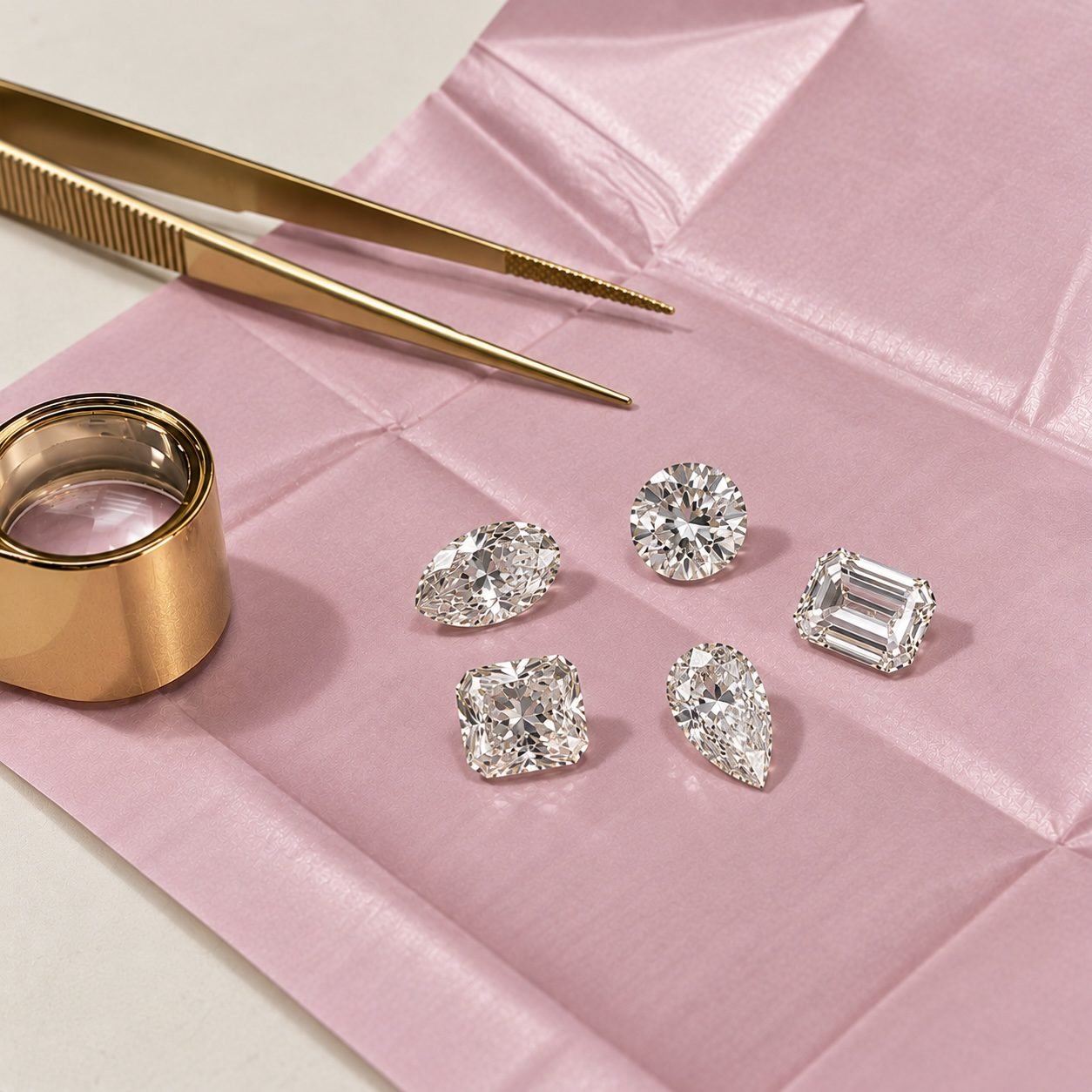 Loose lab-grown diamonds in five shapes beside a loupe and tweezers