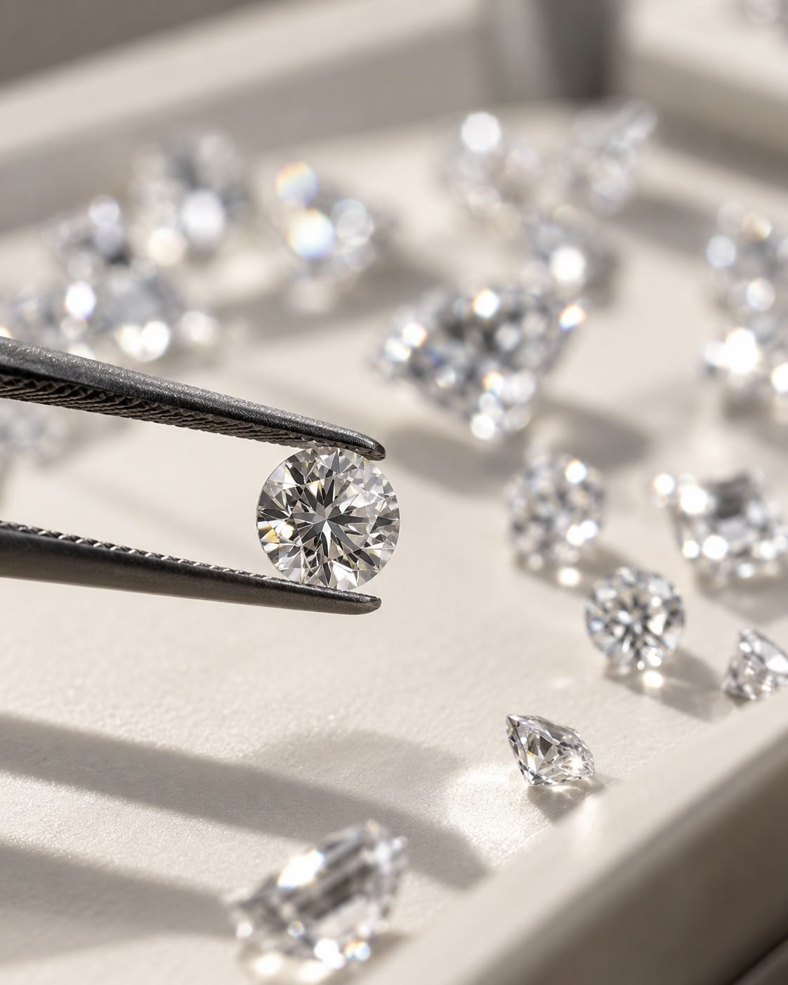 A round lab-grown diamond held in tweezers